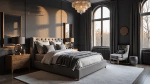 A luxurious master bedroom interior at golden hour, featuring deep charcoal gray walls, a king-size velvet headboard bed, layered silk and velvet bedding, and warm light from a crystal chandelier reflecting off an oversized ornate mirror, with flowing silk drapes and brass accents.