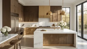 Photorealistic high-end kitchen featuring espresso-stained cabinets, a white quartz waterfall island, and brass pendant lights, illuminated by warm golden hour lighting, with stainless steel appliances and minimal decor including fresh white hydrangeas.