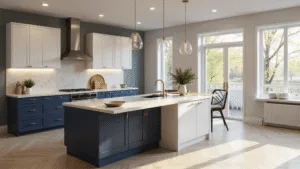 Photorealistic modern luxury kitchen with navy blue lower cabinets, white upper cabinets, and a honed marble waterfall island, featuring natural light from floor-to-ceiling windows, brushed gold hardware, and white oak herringbone flooring, accented by crystal pendant lights in golden hour lighting.