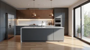 Photorealistic modern kitchen featuring matte charcoal grey aluminum cabinets, white quartz waterfall countertops, champagne-colored island, and warm oak flooring, illuminated by natural morning light through large windows, showcasing minimalist design and hyper-realistic textures.