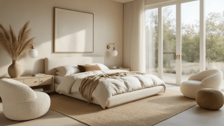 Beige Bedroom Ideas: Your Ultimate Guide to Creating a Serene Sanctuary A serene modern beige bedroom featuring a king-sized bed with ivory linen bedding, bathed in soft morning light from floor-to-ceiling windows, complemented by lush textures and carefully curated decor.