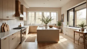 Spacious contemporary kitchen featuring warm beige shaker-style cabinets, brass hardware, and marble-topped island, all illuminated by golden hour natural light.