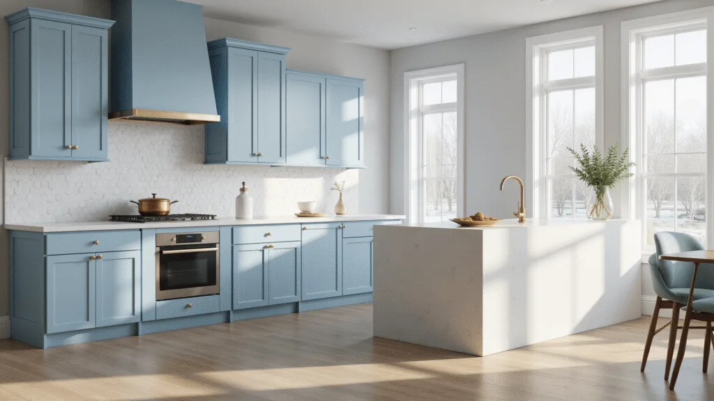 Photorealistic image of a sunlit modern kitchen with powder blue Shaker-style cabinets, a white quartz waterfall island, and wide-plank white oak flooring, featuring dramatic east-facing windows, marble hexagon backsplash, and styled with copper cookware and white ceramic vases.