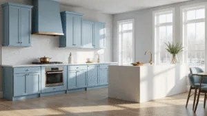 Photorealistic image of a sunlit modern kitchen with powder blue Shaker-style cabinets, a white quartz waterfall island, and wide-plank white oak flooring, featuring dramatic east-facing windows, marble hexagon backsplash, and styled with copper cookware and white ceramic vases.