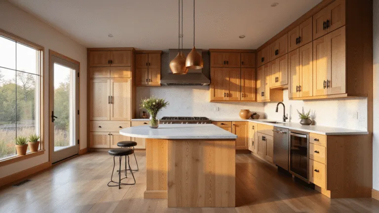 Hickory Kitchen Cabinets: Transform Your Cooking Space with Rustic Elegance Photorealistic interior of a modern farmhouse kitchen featuring hickory cabinets, white quartz countertops, and vintage copper pendant lights, captured during golden hour with soft depth of field and dramatic shadows.