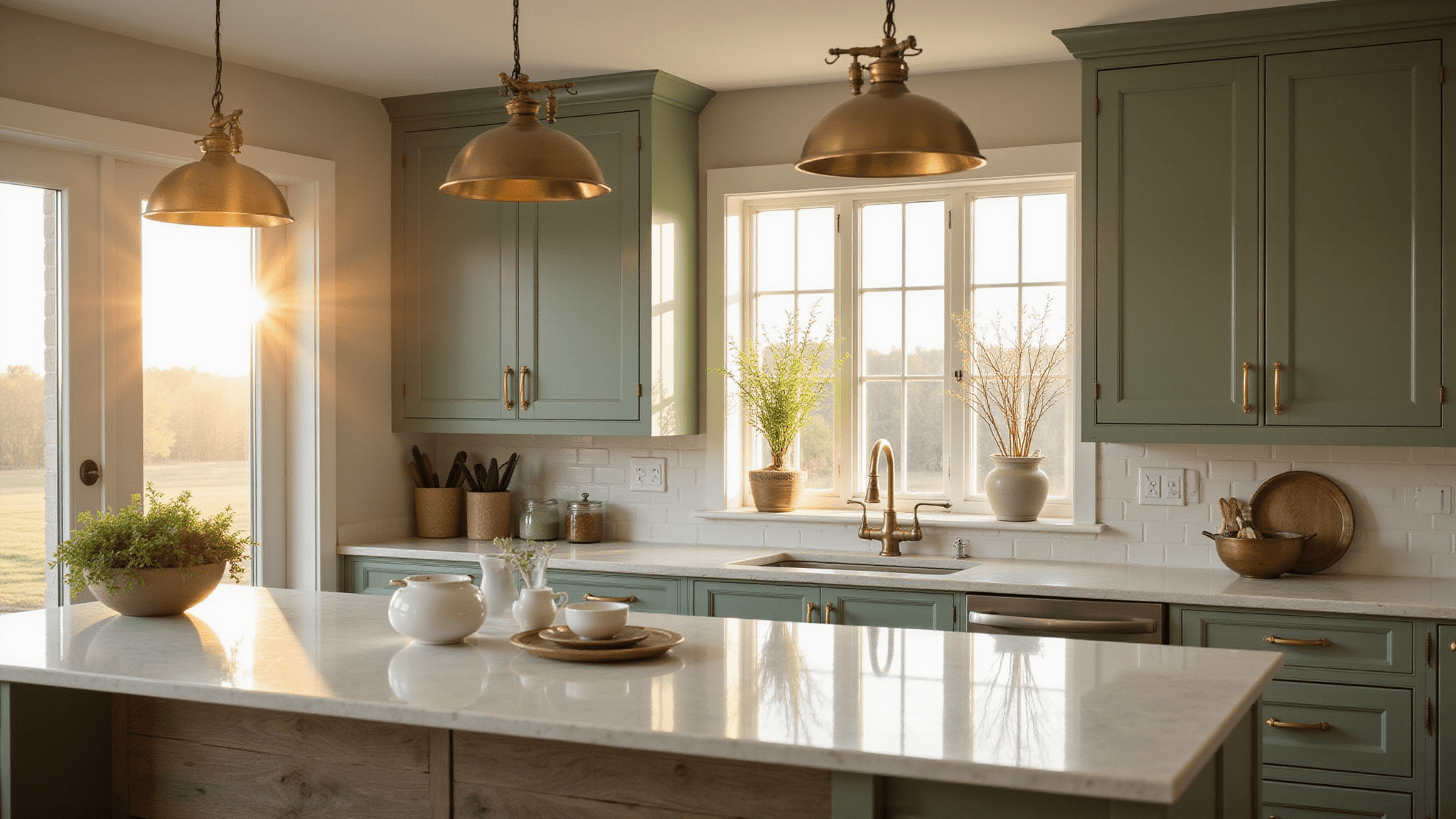 Cinematic interior of a sun-drenched modern farmhouse kitchen with sage green cabinets, brass hardware, and white quartz countertops, featuring a weathered oak island and vintage-style pendant lights, captured in ultra-high resolution with hyperrealistic details and warm golden tones.