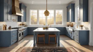 A sunlit modern farmhouse kitchen with open weathered oak shelving, white walls, and a butcher block island, styled with vintage white ceramics and copper cookware, featuring oversized windows, vaulted ceilings with wooden beams, and a warm neutral color palette.