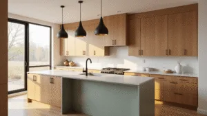 A bright contemporary kitchen featuring honey oak cabinets, a sage green island, and warm golden hour sunlight streaming through large windows, accented by black hardware and brushed brass details.