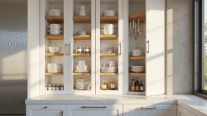 Photorealistic modern kitchen cabinet organization with clear glass-front doors showcasing labeled storage containers, bamboo risers, and neatly arranged cookware, illuminated by natural sunlight and professional studio lighting.