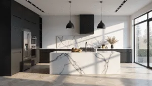 Photorealistic modern kitchen featuring black lower cabinets, white upper cabinets, a white marble waterfall island, matte black pendant lights, stainless steel appliances, and herringbone flooring, illuminated by morning sunlight streaming through large windows.