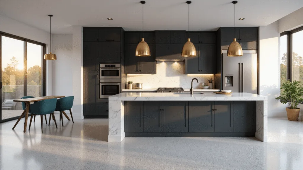 Photorealistic image of a modern luxury kitchen featuring dark charcoal grey cabinets, a large waterfall quartz island, and floor-to-ceiling windows, illuminated by brass pendant lights.