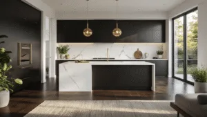 A luxurious contemporary kitchen featuring matte black aluminum cabinets, a white quartz waterfall island, and warm golden hour lighting filtering through large windows, with brushed gold fixtures and dark hardwood floors.