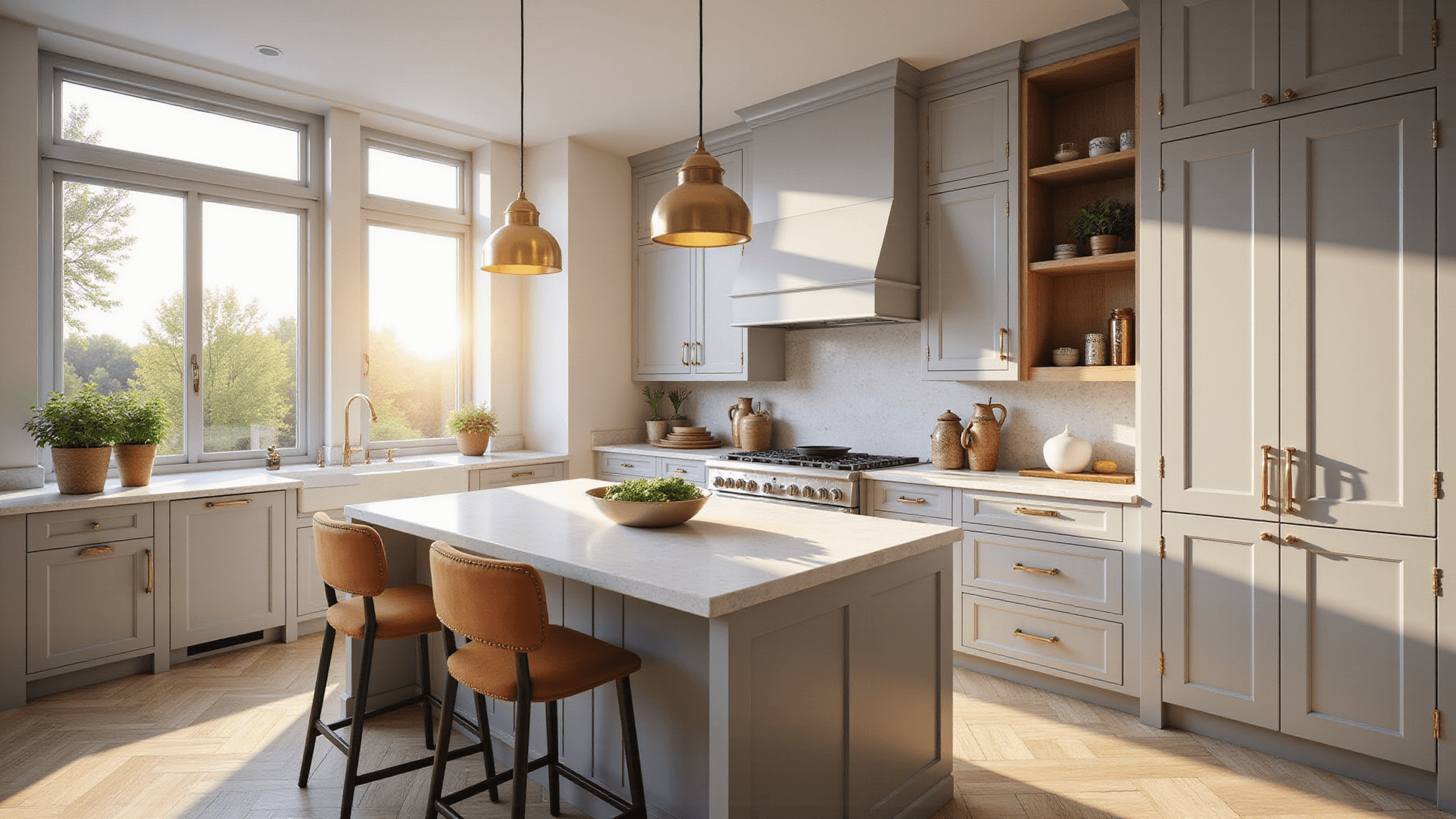 Photorealistic image of a luxurious kitchen featuring light gray Shaker-style cabinets, a white quartz waterfall island, and vintage brass pendant lights, illuminated by warm golden hour sunlight, highlighting rich textures and styled vignettes.