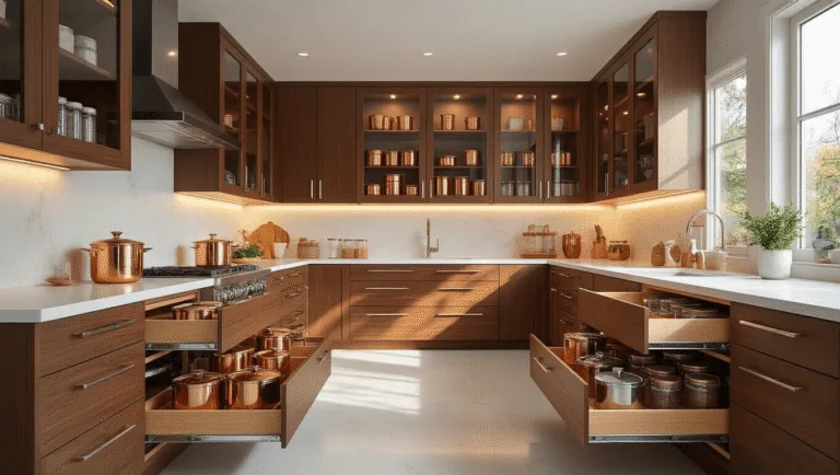 Kitchen Cabinet Organization: Transforming Chaos into Culinary Harmony Photorealistic image of a luxurious modern kitchen with organized walnut cabinets featuring glass fronts, chrome pull-out trays, tiered spice racks, and bamboo dividers, all illuminated by warm golden hour sunlight and professional lighting.