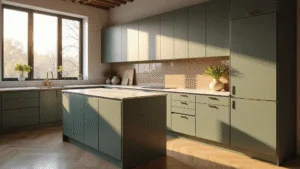 Photorealistic modern kitchen interior with sage green cabinets, brass hardware, quartz island, and Moroccan tile backsplash, illuminated by warm golden hour sunlight.
