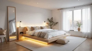 Photorealistic image of a bright Scandinavian basement bedroom featuring a low-profile wood platform bed with white linens, high-gloss white walls, layered lighting, a large mirror, minimal furnishings, and natural light from an egress window.