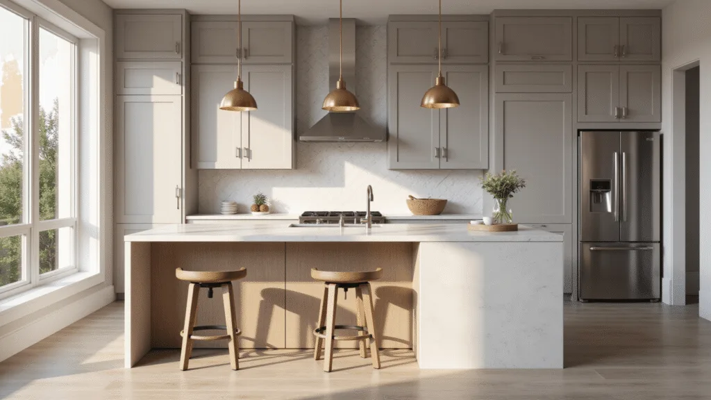 Photorealistic modern kitchen featuring light taupe shaker cabinets, white quartz waterfall island, brass pendant lights, and floor-to-ceiling windows, basking in natural morning light.