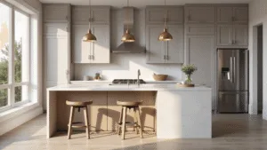 Photorealistic modern kitchen featuring light taupe shaker cabinets, white quartz waterfall island, brass pendant lights, and floor-to-ceiling windows, basking in natural morning light.
