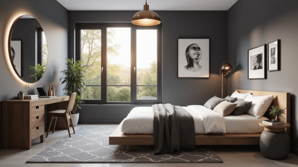 A modern minimalist teen bedroom featuring a platform bed with white linens, a floating walnut desk, and floor-to-ceiling windows, bathed in golden sunlight. The room includes monochromatic art, LED lighting, and a potted monstera plant, all set against matte charcoal walls and a geometric rug, captured in hyperrealistic detail.