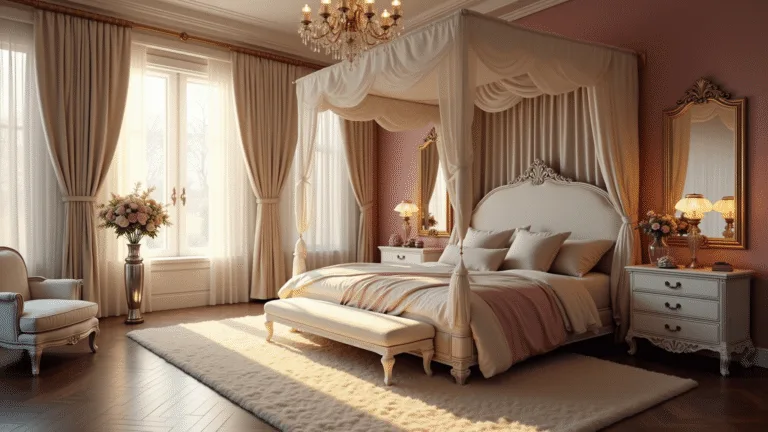 Romantic Bedroom Ideas: Creating Your Ultimate Love Haven A luxurious master bedroom at golden hour, featuring a king-size canopy bed with silk curtains, layered bedding in soft colors, antique nightstands with ambient lamps, and a crystal chandelier, all captured in a cinematic wide-angle shot with ethereal lighting and rich textures.