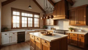 A rustic farmhouse kitchen illuminated by warm golden hour sunlight, featuring reclaimed oak cabinets, a distressed wood island with a cream marble top, and vintage copper pots hanging above. Exposed wooden beams frame the cathedral ceiling, while white shaker-style cabinets and a farmhouse sink complete the inviting ambiance. Fresh herbs and vintage cooking tools add authentic touches, captured in photorealistic detail.