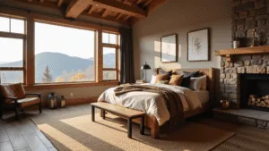 Cozy mountain retreat bedroom with a king-sized bed, reclaimed wood headboard, and soft natural lighting, featuring a stone fireplace, distressed leather armchair, and vintage copper lanterns.