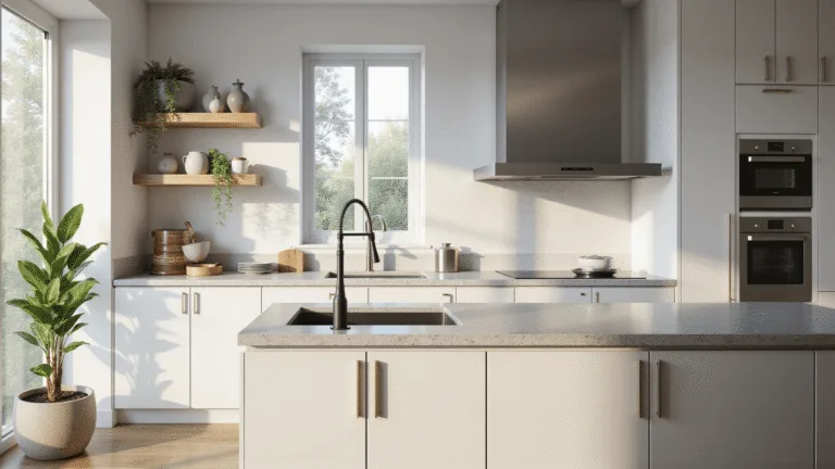 IKEA Kitchen Cabinets: The Ultimate Guide to Affordable, Stylish Storage Solutions A sunlit modern Scandinavian kitchen featuring white IKEA SEKTION cabinets, a dove gray quartz island, stainless steel appliances, and warm wood accents, with minimalist decor and plants, shot in photorealistic detail.