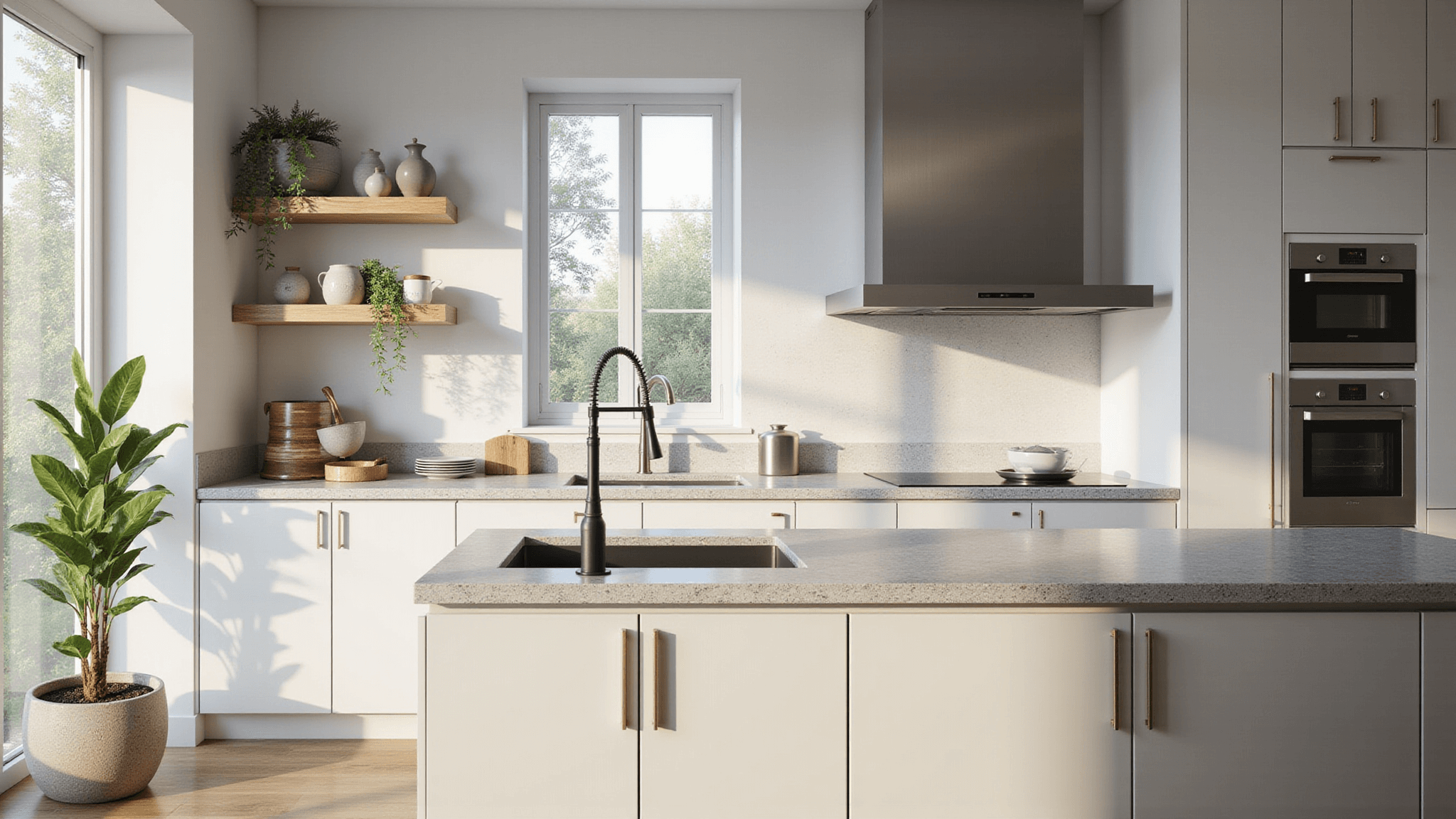 A sunlit modern Scandinavian kitchen featuring white IKEA SEKTION cabinets, a dove gray quartz island, stainless steel appliances, and warm wood accents, with minimalist decor and plants, shot in photorealistic detail.