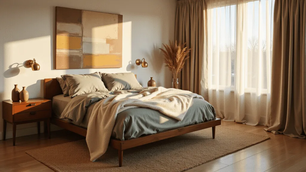 A serene mid-century modern bedroom bathed in golden light, featuring a platform bed with oatmeal and sage linens, vintage brass sconces, and a chunky cream wool throw. Natural light filters through sheer curtains, casting soft shadows on a handwoven jute rug over oak flooring. Minimalist walnut nightstands hold ceramic vessels with dried pampas grass, creating a calm and sophisticated atmosphere.