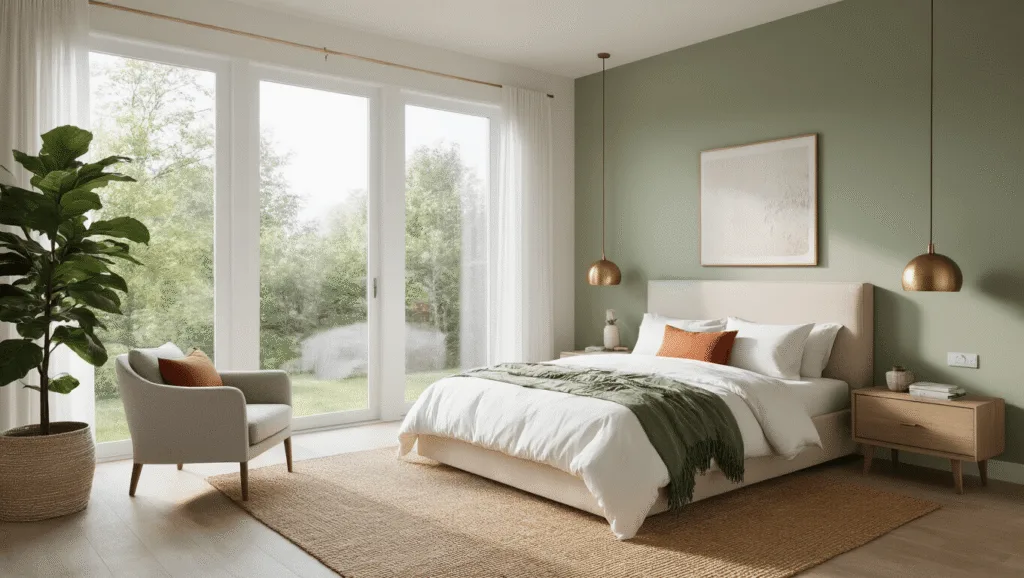 Photorealistic interior of a serene master bedroom featuring a king-sized bed, oatmeal linen headboard, white bedding with sage green and terracotta throws, warm white and sage green walls, light oak flooring with a jute rug, accent chairs, and stylish lighting, all bathed in soft morning sunlight.