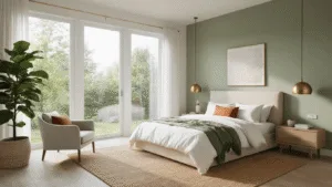 Photorealistic interior of a serene master bedroom featuring a king-sized bed, oatmeal linen headboard, white bedding with sage green and terracotta throws, warm white and sage green walls, light oak flooring with a jute rug, accent chairs, and stylish lighting, all bathed in soft morning sunlight.
