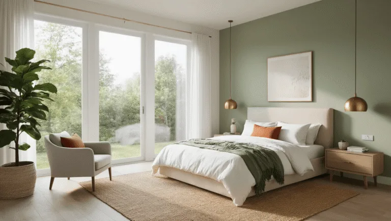 Bedroom Color Ideas: Transform Your Space with the Perfect Palette Photorealistic interior of a serene master bedroom featuring a king-sized bed, oatmeal linen headboard, white bedding with sage green and terracotta throws, warm white and sage green walls, light oak flooring with a jute rug, accent chairs, and stylish lighting, all bathed in soft morning sunlight.