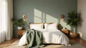 A serene sage green bedroom illuminated by golden hour sunlight, featuring a king-size bed with white Egyptian cotton sheets, vintage brass sconces, a large monstera plant, and a Persian rug, all captured in soft focus to highlight the interplay of light and texture.