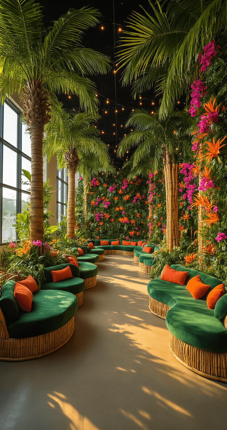 A 50x70ft convention hall transformed into a tropical paradise, featuring towering preserved palm trees, vibrant orchid and bromeliad living walls, custom bamboo archways, and emerald velvet seating pods, all illuminated by warm string lights, with projected leaf patterns creating dynamic shadows, captured from the guest entrance at golden hour.