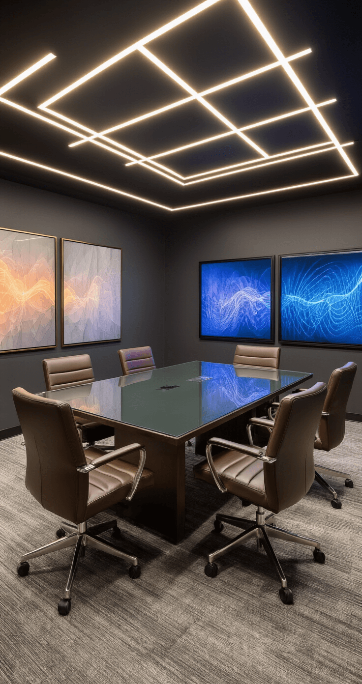 A sophisticated executive meeting space featuring charcoal grey walls, brushed brass details, and custom LED lighting, with a glass conference table and leather executive chairs, captured from a corner desk perspective.