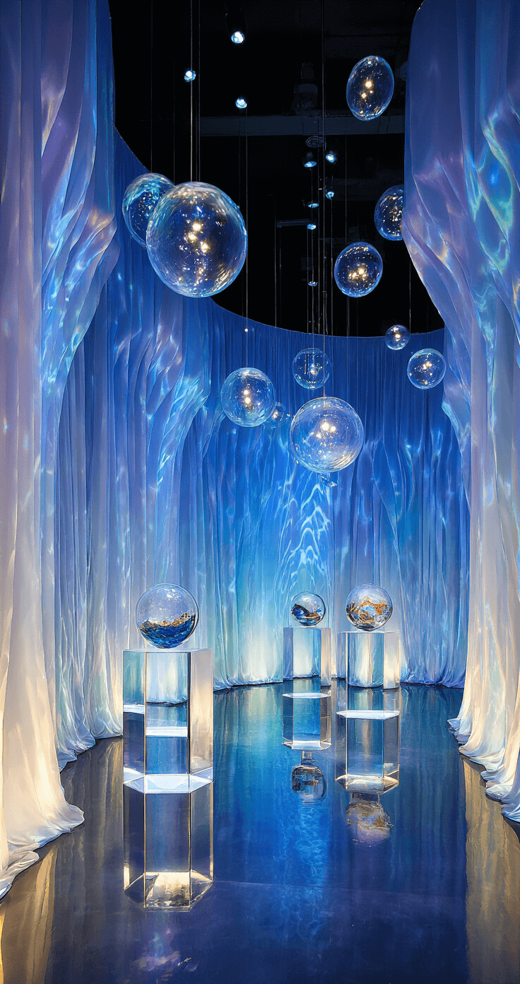 A gala entrance measuring 25x35ft with curved iridescent walls, blue uplighting, and projected wave patterns, featuring suspended glass bubbles with floating LED orbs, a mirror-finished floor creating an infinity effect, and acrylic pedestals showcasing marine-inspired art, captured from a low angle to highlight ceiling details and reflections.