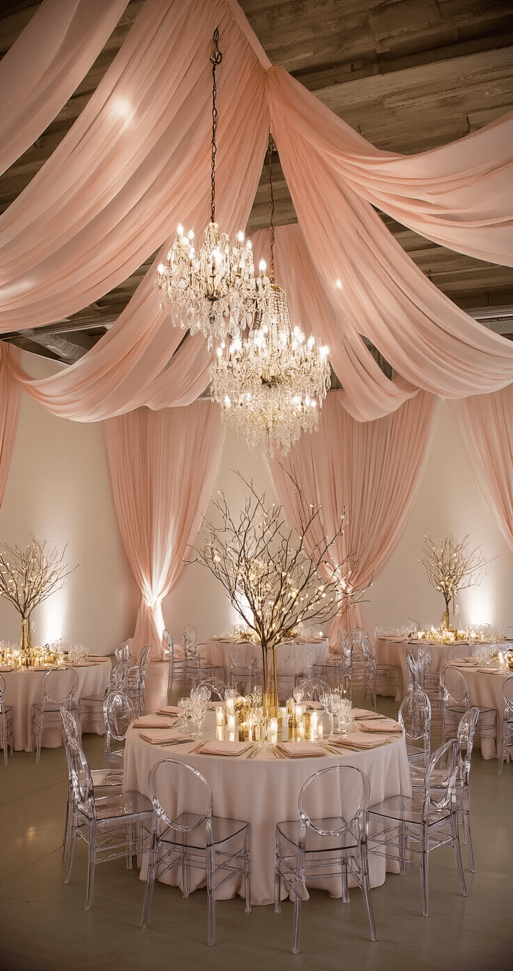 A stunning wedding reception space featuring blush pink silk drapery, crystal chandeliers, and organic branch installations with fairy lights, surrounded by ghost chairs and mirrored tables with floating candle centerpieces, all set against ivory walls with geometric gold frames, captured from an elevated angle to showcase the elegant and dreamy atmosphere.