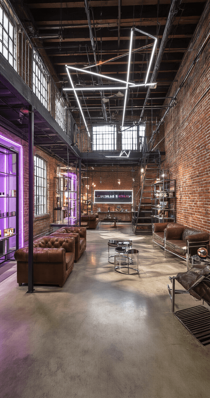 A wide-angle view of a 35x45ft industrial chic brand activation space featuring exposed brick walls, polished concrete floors, custom neon installations, vintage leather lounges, and chrome accent furniture, all under dramatic spotlighting.