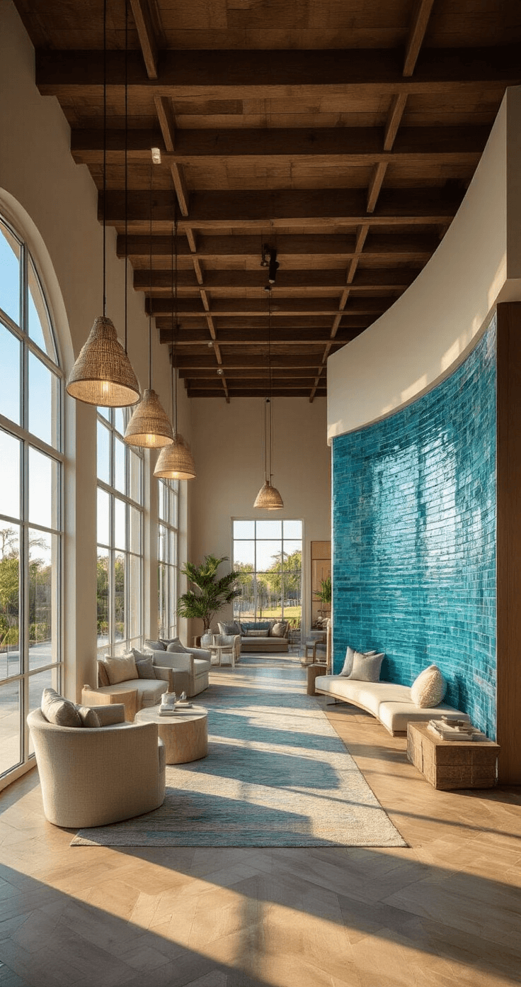 A spacious coastal Florida showroom with 12' ceilings and wooden beams, featuring a 15' curved tile display of blue-green glass tiles, multiple flooring vignettes, and elegant coastal-modern furniture, all enhanced by warm golden-hour light filtering through floor-to-ceiling windows.