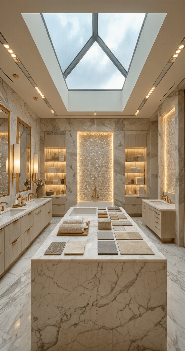 Intimate luxury bathroom design studio featuring a central marble-topped island with curated tile selections, surrounded by floor-to-ceiling marble slabs and backlit mosaic panels, all under a dramatic skylight that highlights premium fixtures in brushed gold, set in a warm color palette.