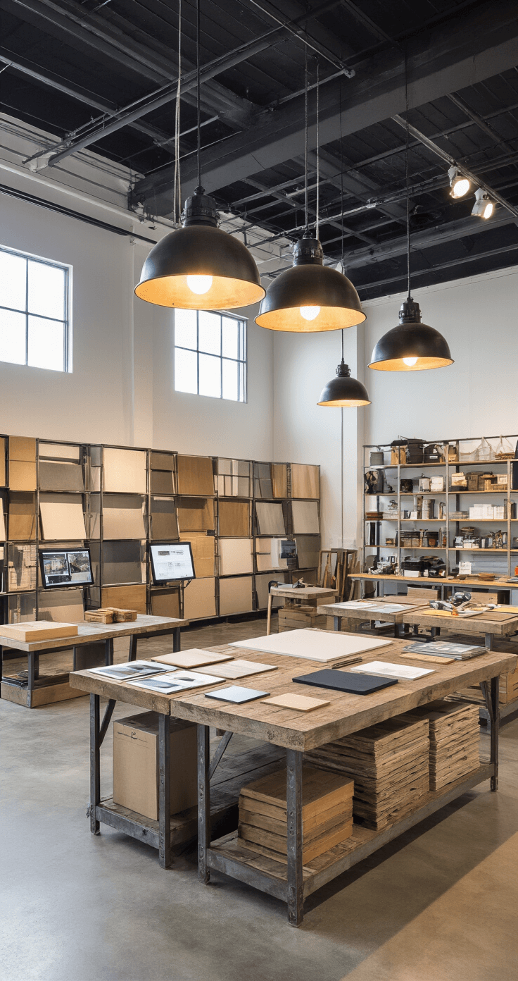 A bright, industrial-style gallery space featuring modular display units, interactive touch screens, and rustic wood tables, all illuminated by pendant lights and showcasing a mix of raw concrete and finished flooring samples.