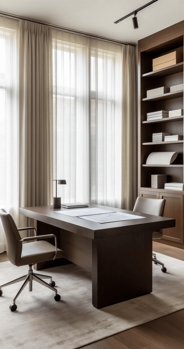 Sophisticated 15'x20' private design consultation studio featuring floor-to-ceiling windows, custom shelving with material samples, a central dark walnut table with architectural plans, and modern track lighting, all in a palette of rich browns, soft greys, and metallic accents.