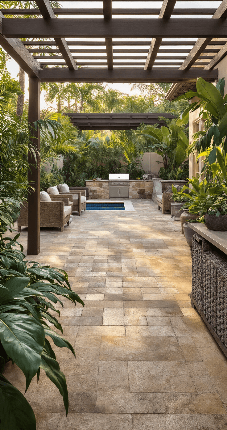 A spacious outdoor living showroom showcasing a covered 35'x45' area with dynamic shadow patterns from a partial pergola. The scene features various patio tile and decking materials, outdoor kitchen setups, and pool surround designs, framed by vibrant tropical plants. Mixed natural and artificial lighting enhances the colors of weathered teaks and natural stones during morning golden hour, captured from a standing height with a wide-angle perspective.