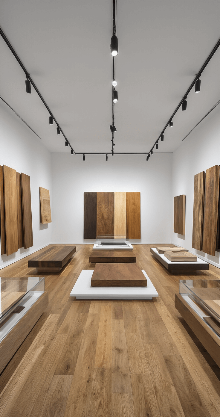 A contemporary hardwood gallery space at dusk, featuring dramatic track lighting on premium hardwood displays, floating platforms showcasing wood finishes, minimalist white walls, and glass cases with wood samples, all captured from a low angle to emphasize wood grain patterns.