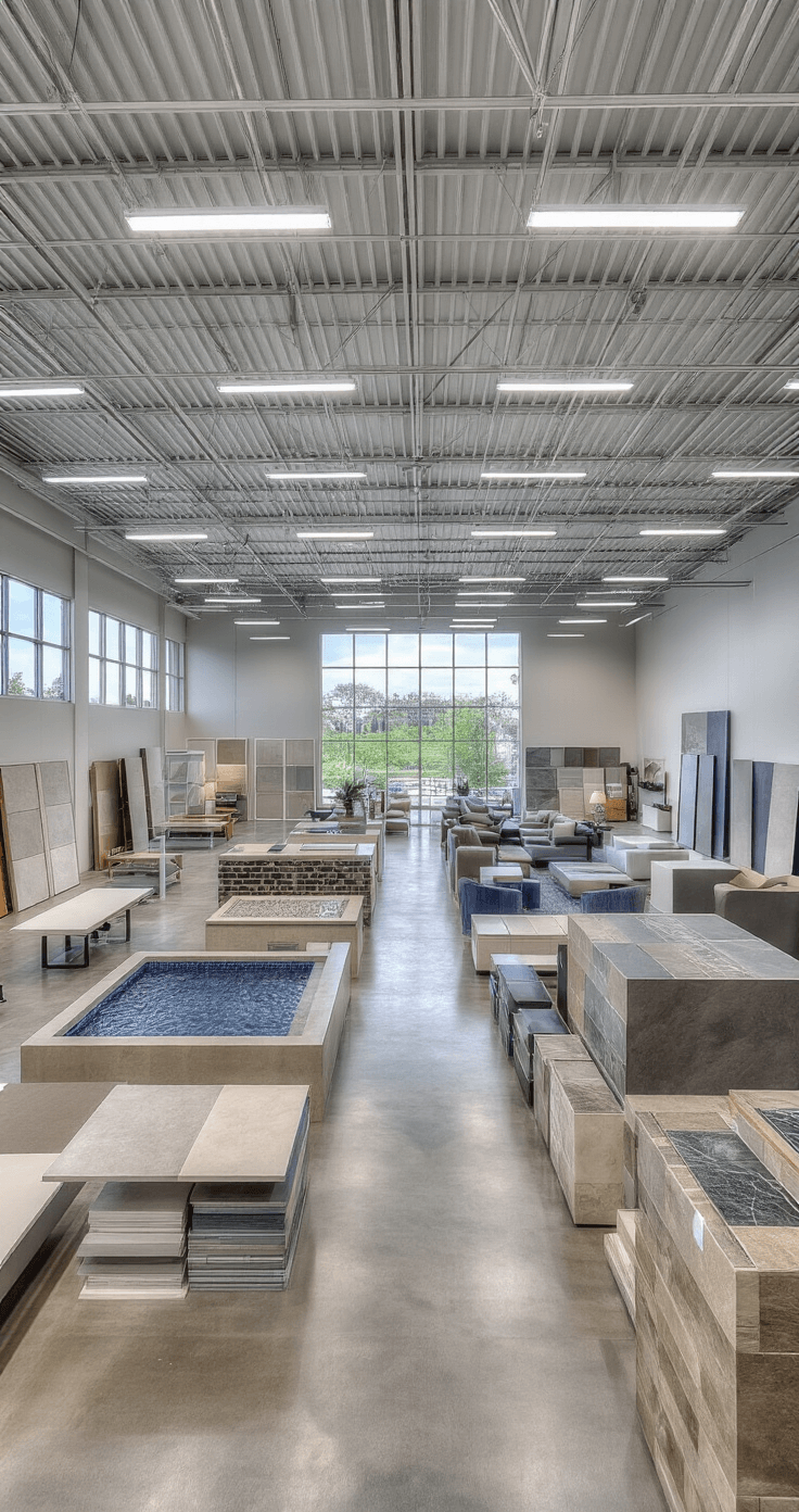 Expansive commercial showroom featuring double-height ceilings, architectural lighting, and diverse zones displaying tile, stone, and flooring samples, captured from an elevated perspective with professional lighting.