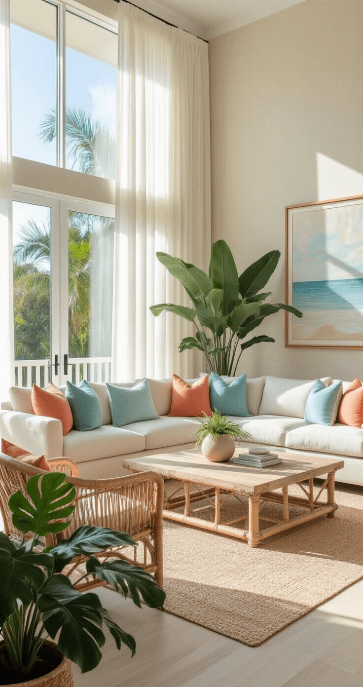 A sunlit Florida living room featuring a neutral linen sectional with seafoam and coral throw pillows, rattan accent chairs, and a bleached wood coffee table, surrounded by large monstera and palm plants. Coastal artwork adorns the walls, with sheer white curtains filtering golden hour light through floor-to-ceiling windows. Shot from a corner with a wide-angle lens to highlight the room's spaciousness and natural light.