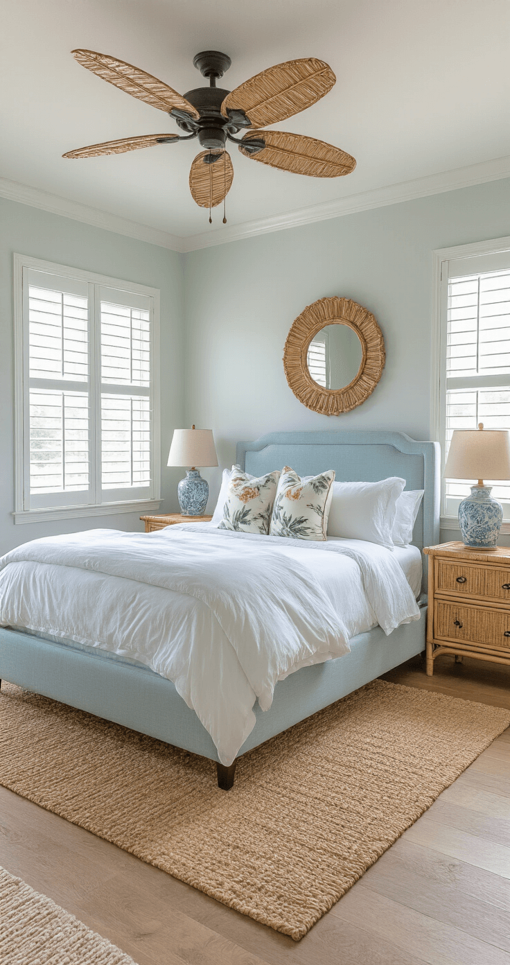Master bedroom at dawn with a light blue king bed, white linens, and botanical print pillows, illuminated by morning light through plantation shutters. Bamboo nightstands with ceramic lamps, a vintage rattan ceiling fan, and a jute rug over wood floors. A shell-encrusted mirror hangs above the dresser, captured from a doorway at a slightly elevated angle, showcasing a serene coastal retreat vibe.