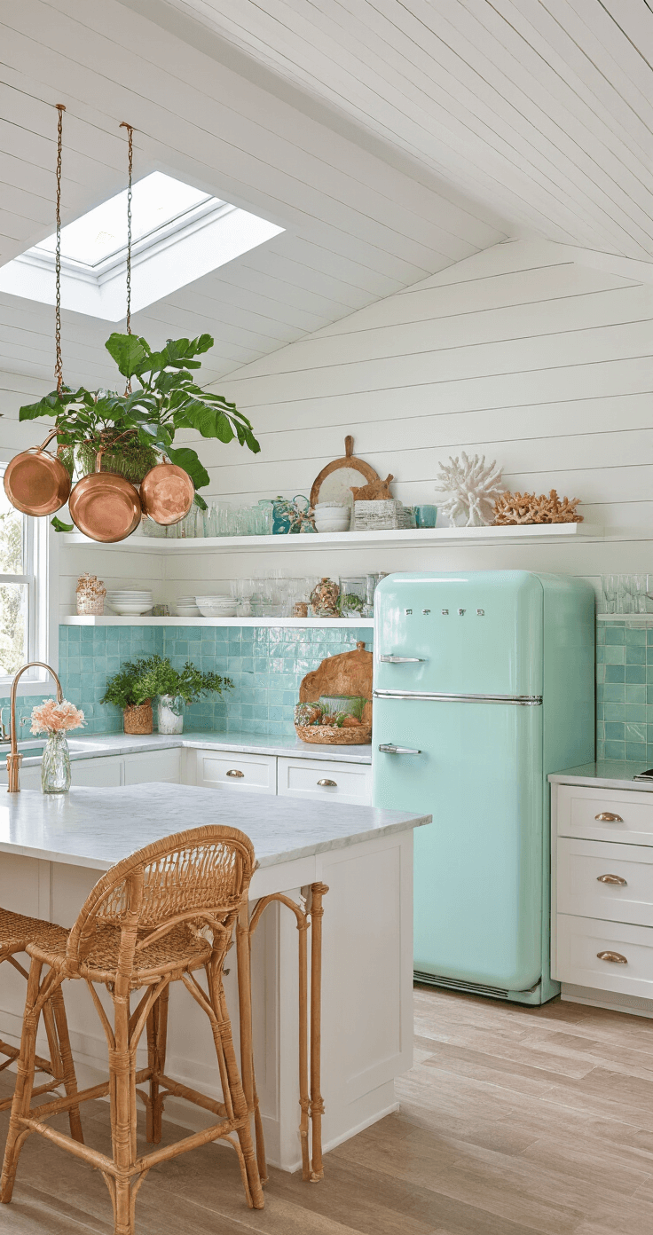 A bright open-concept kitchen featuring a white shiplap ceiling and mid-morning light from skylights, showcasing a pale mint retro refrigerator, white cabinetry, and an iridescent blue tile backsplash. Open shelving displays vintage glassware and coral, with rattan bar stools at a marble island. Hanging copper pots and tropical plants add a vibrant touch, captured from counter height with soft diffused lighting.