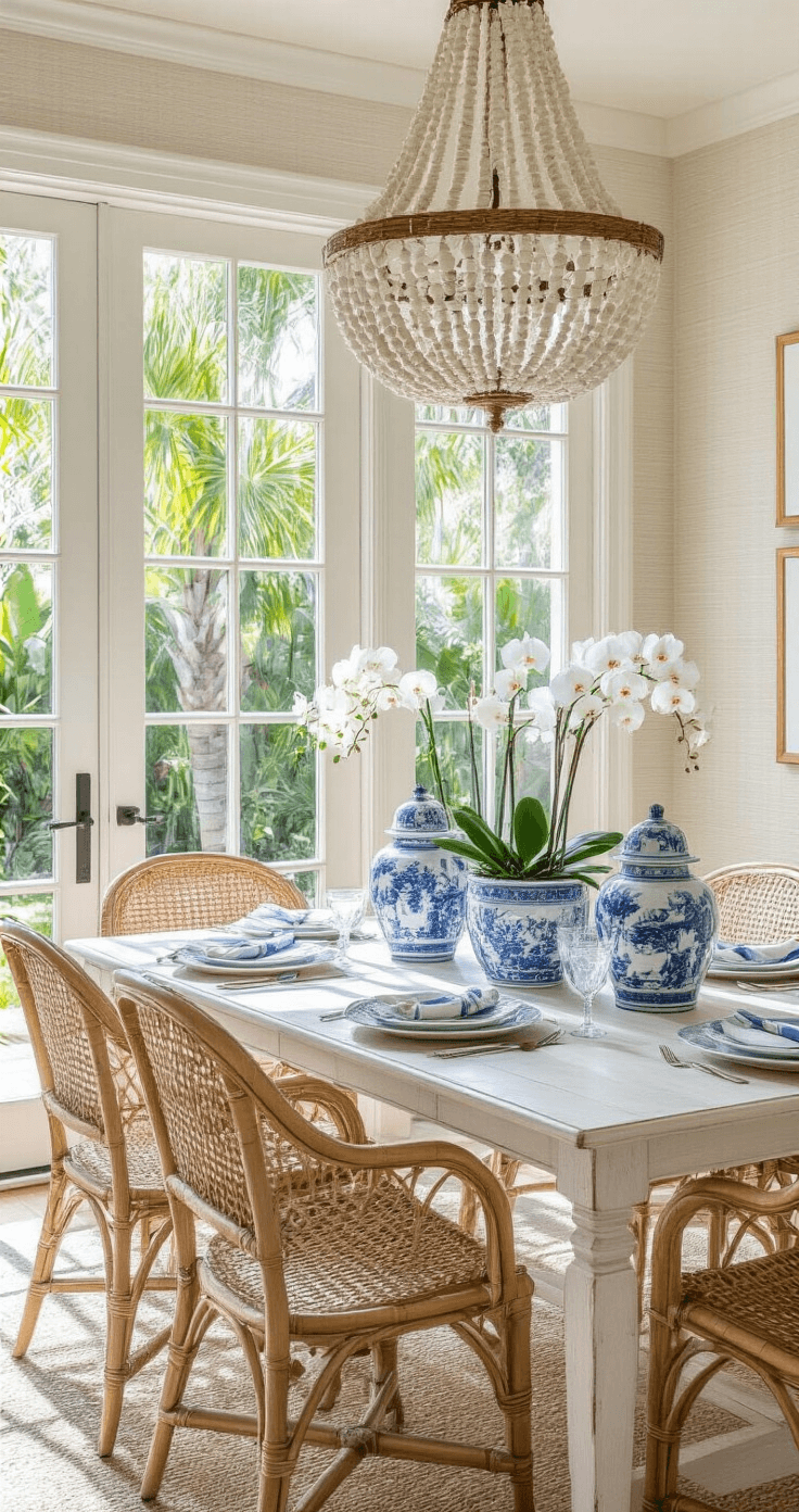Elegant coastal dining room in Florida, featuring a whitewashed wooden table set with rattan chairs, adorned with blue and white chinoiserie vases filled with fresh orchids. Midday light filters through palm fronds, casting dappled shadows on grasscloth wallpaper. A capiz shell chandelier hangs above, capturing the scene in soft natural light.