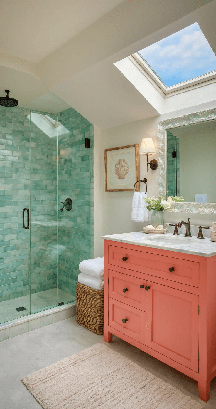 A serene guest bathroom featuring a coral-colored vanity with a marble top, a mother of pearl mirror, and a glass shower with a seafoam tile accent wall, illuminated by morning light streaming through a skylight. White Turkish towels and shell-themed artwork enhance the spa-like coastal retreat vibe, complemented by rattan storage baskets.